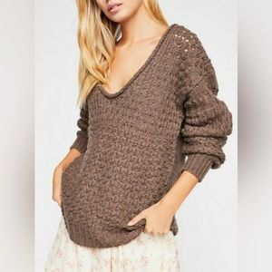 NWT Free People Crashing Waves Knit-Crochet Slouchy Oversized Sweater in Cocoa M